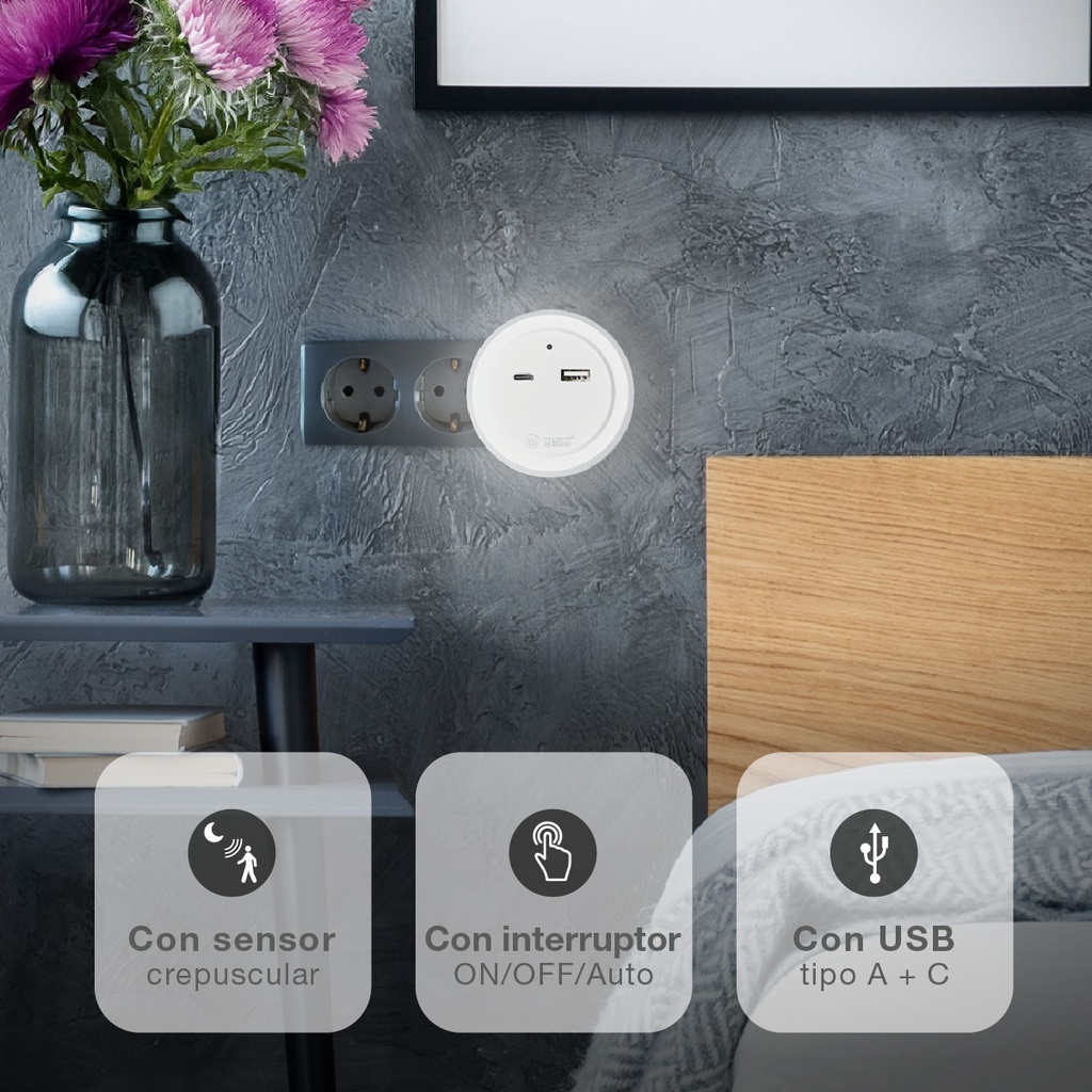 Luz de noche LED con sensor y USB C + A Benor 0.5W Luz fría 