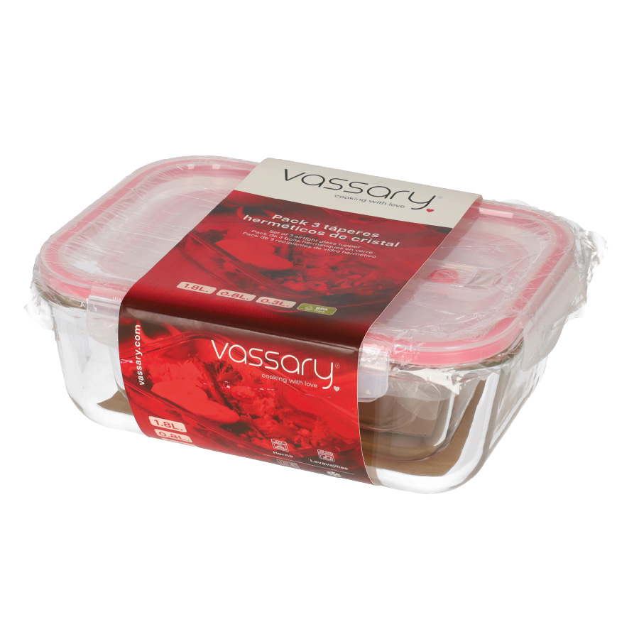Pack de 3 táperes herméticos de cristal 0.33 - 0.84 - 1.85L