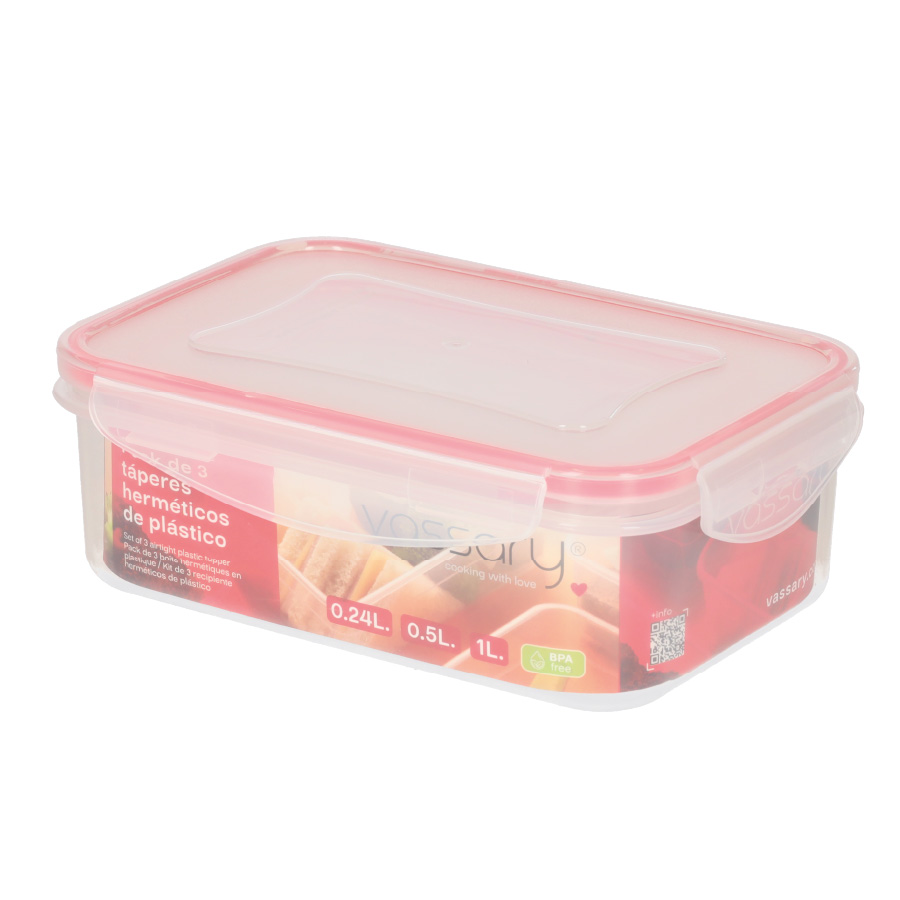 Pack de 3 táperes herméticos de plástico 0.24L - 0.5L - 1L