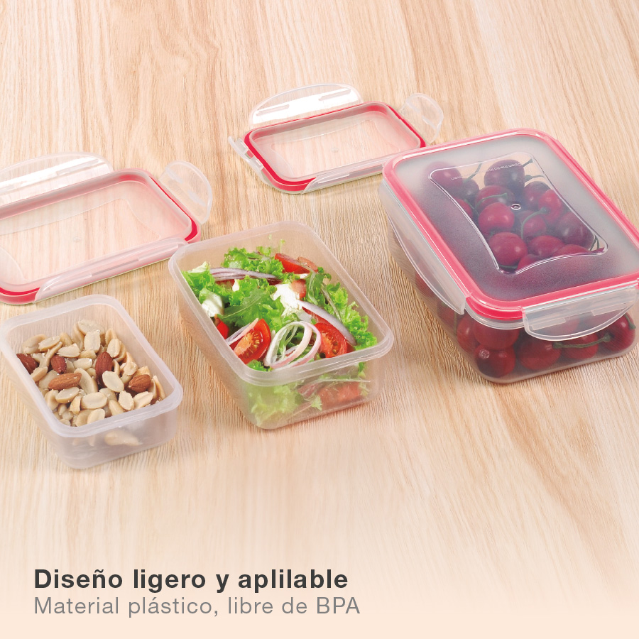 Pack de 3 táperes herméticos de plástico 0.24L - 0.5L - 1L