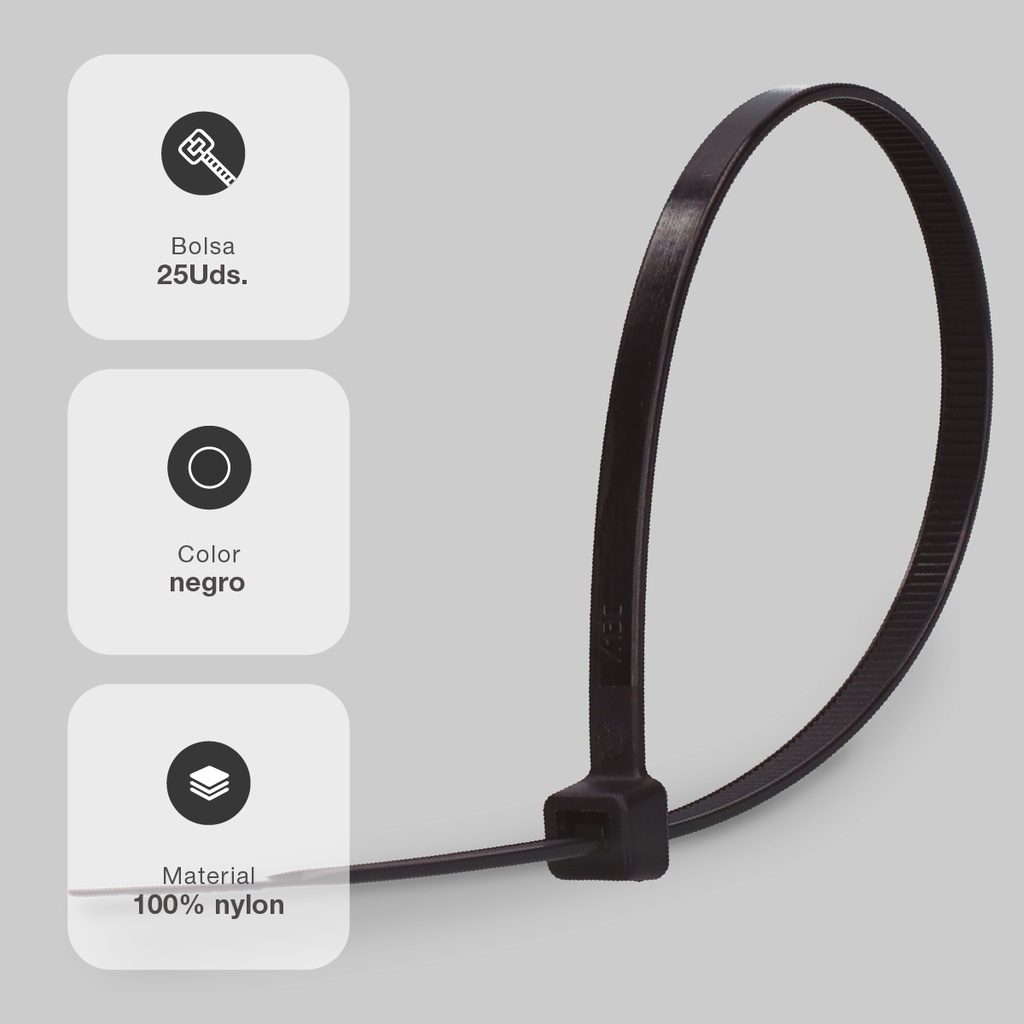 Bolsa 25u bridas 100% nylon 200x3.6mm Negro