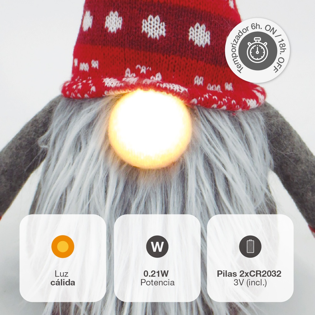 Gnomo de navidad LED sentado Hagin 26cm 2xCR2032 Rojo y gris