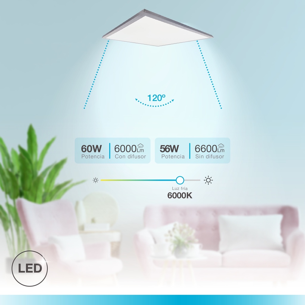 Panel superficie LED rectangular Kisongo 120x60cm 60W 6000K Níquel