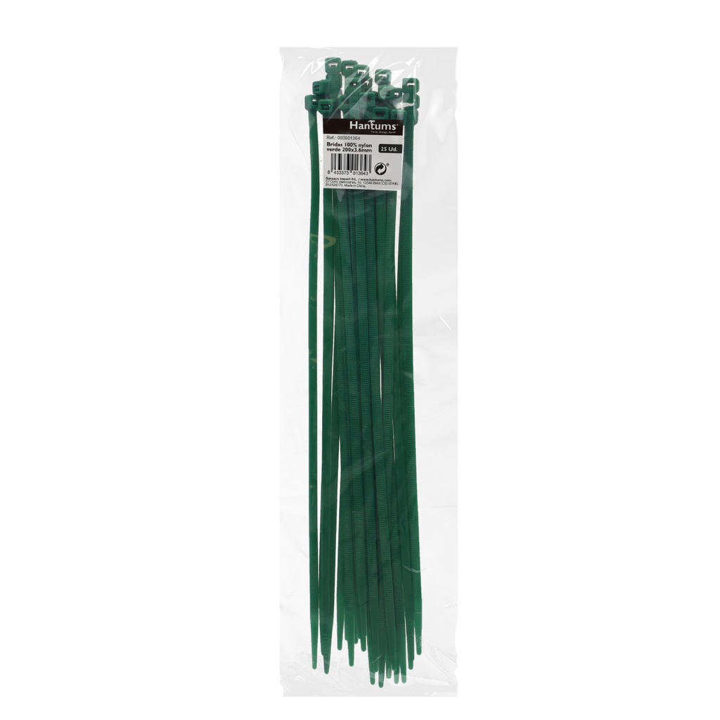 Bolsa 25u bridas 100% nylon 200x3.6mm Verde