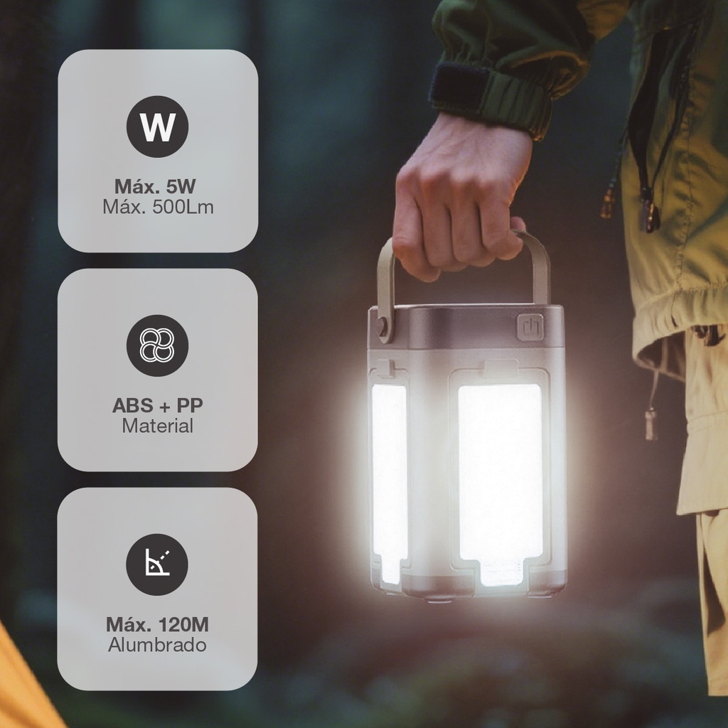 Linterna solar LED camping recargable USB 500lm