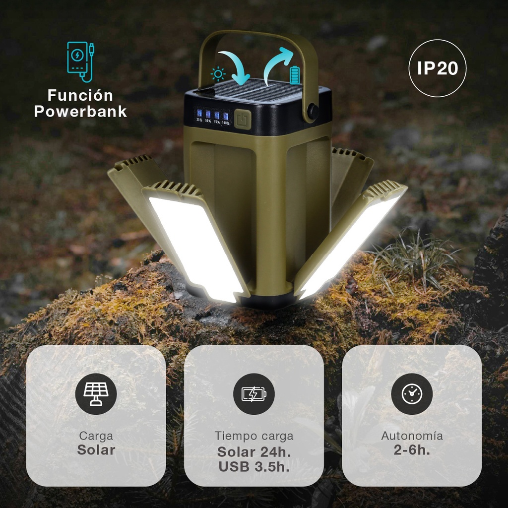 Linterna solar LED camping recargable USB 500lm