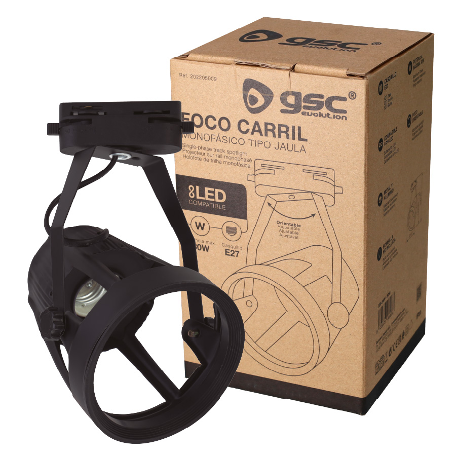 Foco carril monofásico tipo jaula E27 Negro