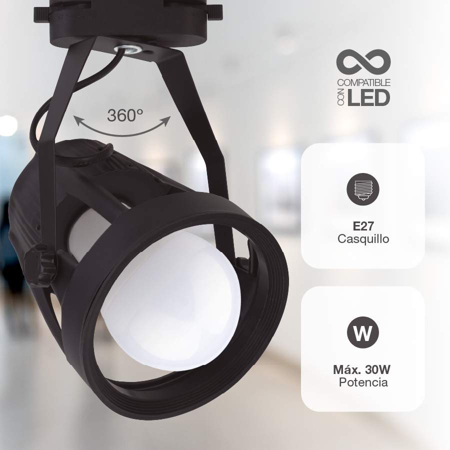 Foco carril monofásico tipo jaula E27 Negro