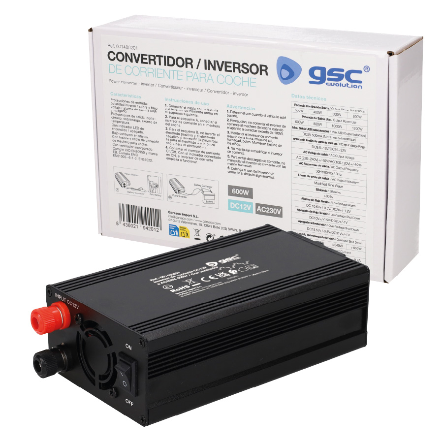 Convertidor / inversor de corriente 12V a 230V 600W