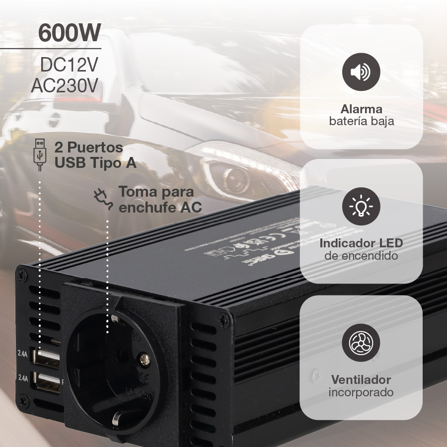 Convertidor / inversor de corriente 12V a 230V 600W