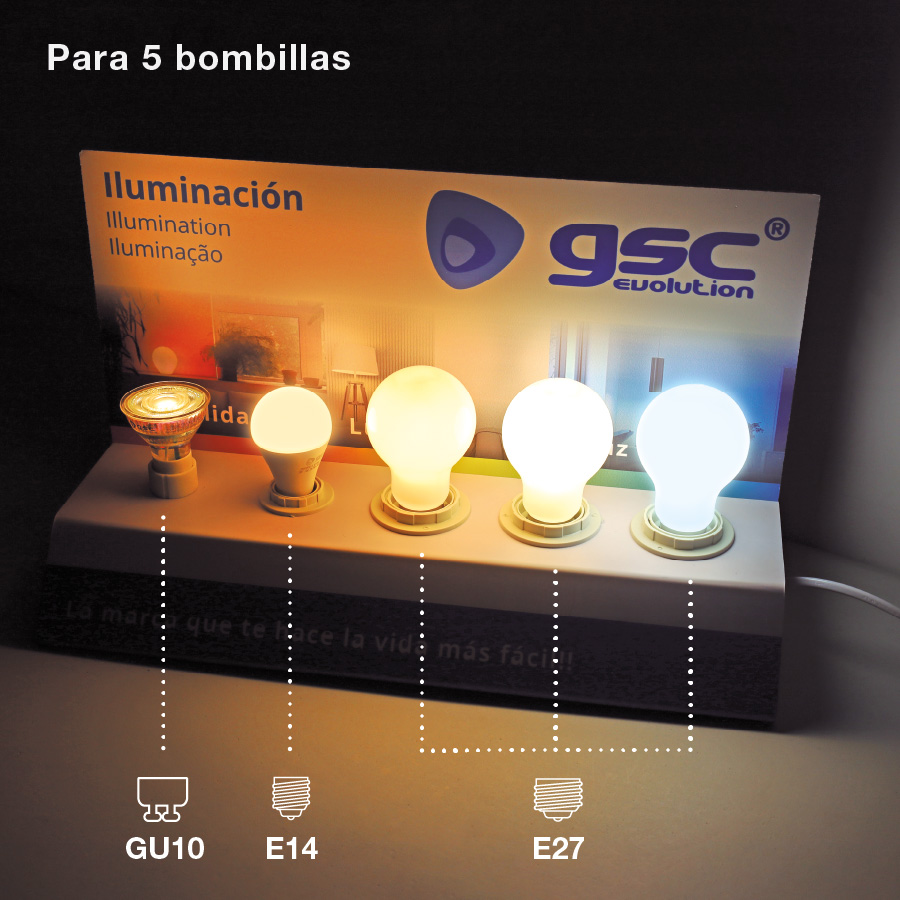 Expositor Lighter probador bombillas - 3xE27, 1xE14, 1xGU10