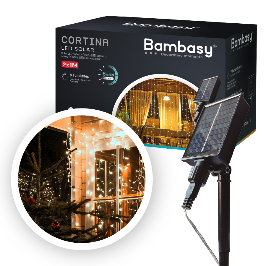 Cortina LED luminosa solar 2x1M Luz Cálida