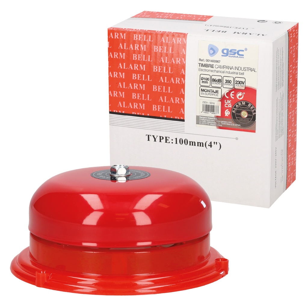 Timbre campana industrial electromecánico 10cm diámetro 86db 230V