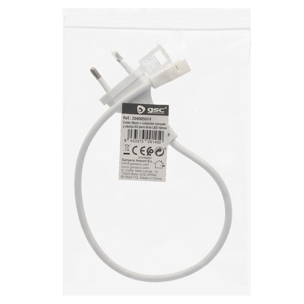 Cable 30cm con conector curvado y clavija EU para tiras LED 10mm 