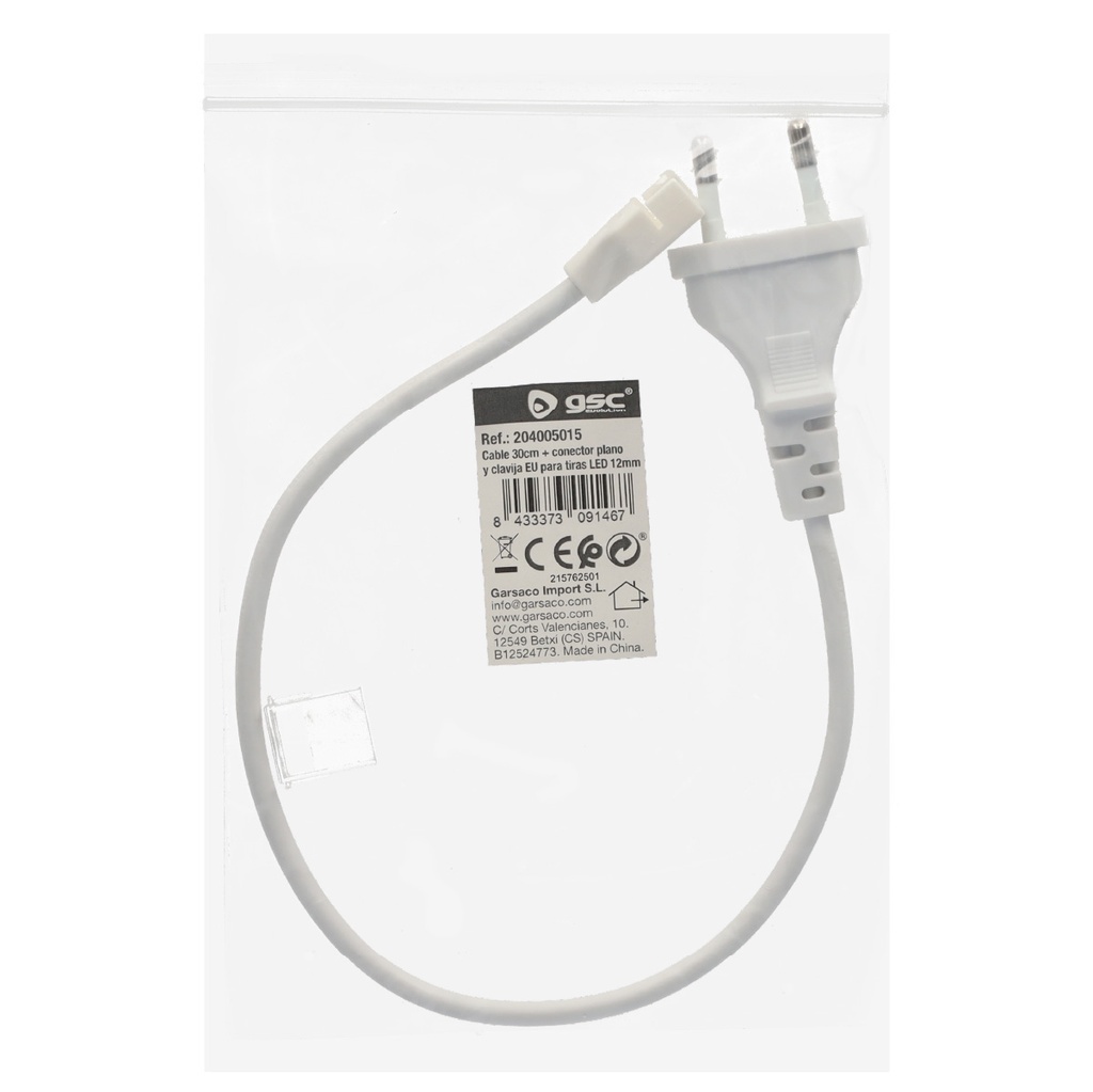 Cable 30cm con conector plano y clavija EU para tiras LED 12mm 