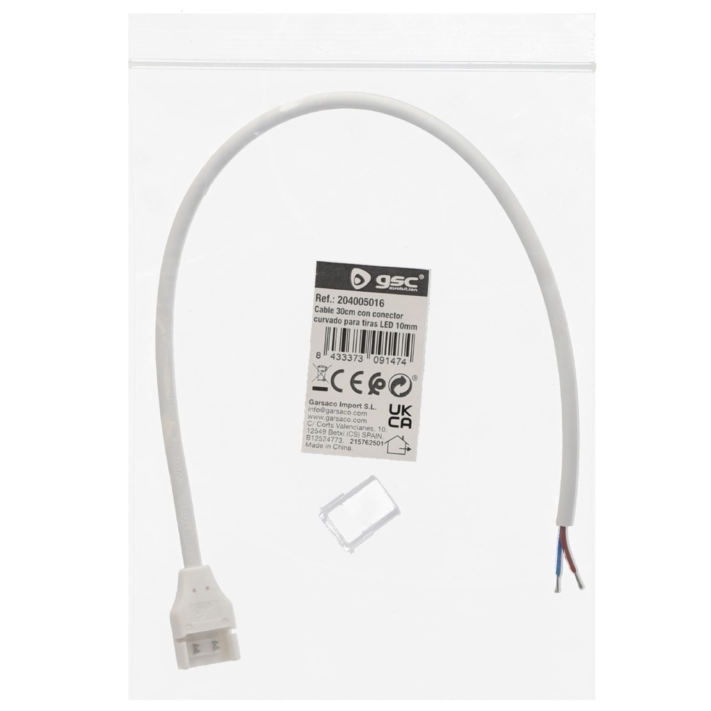 Cable 30cm con conector curvado para tiras LED 10mm 