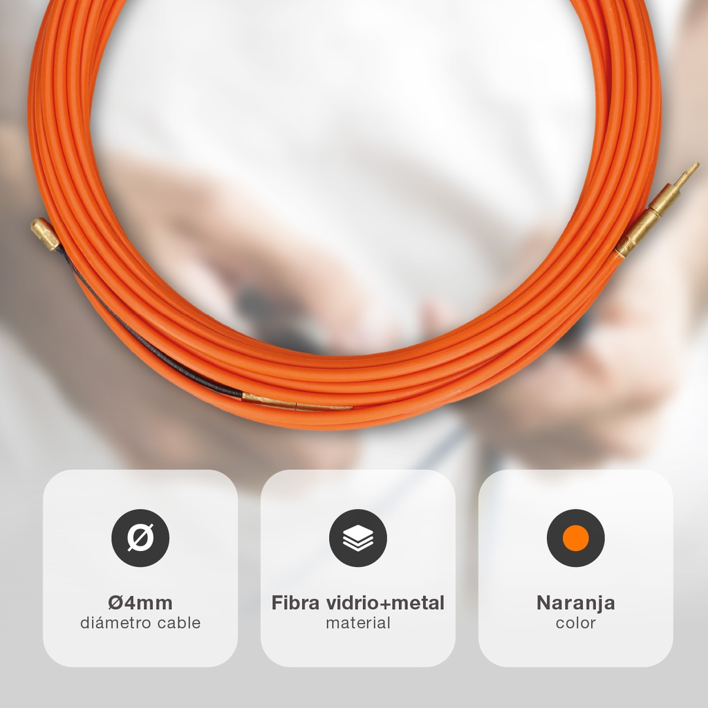 Guía pasacables fibra vidrio + metal 4mm 10M Naranja