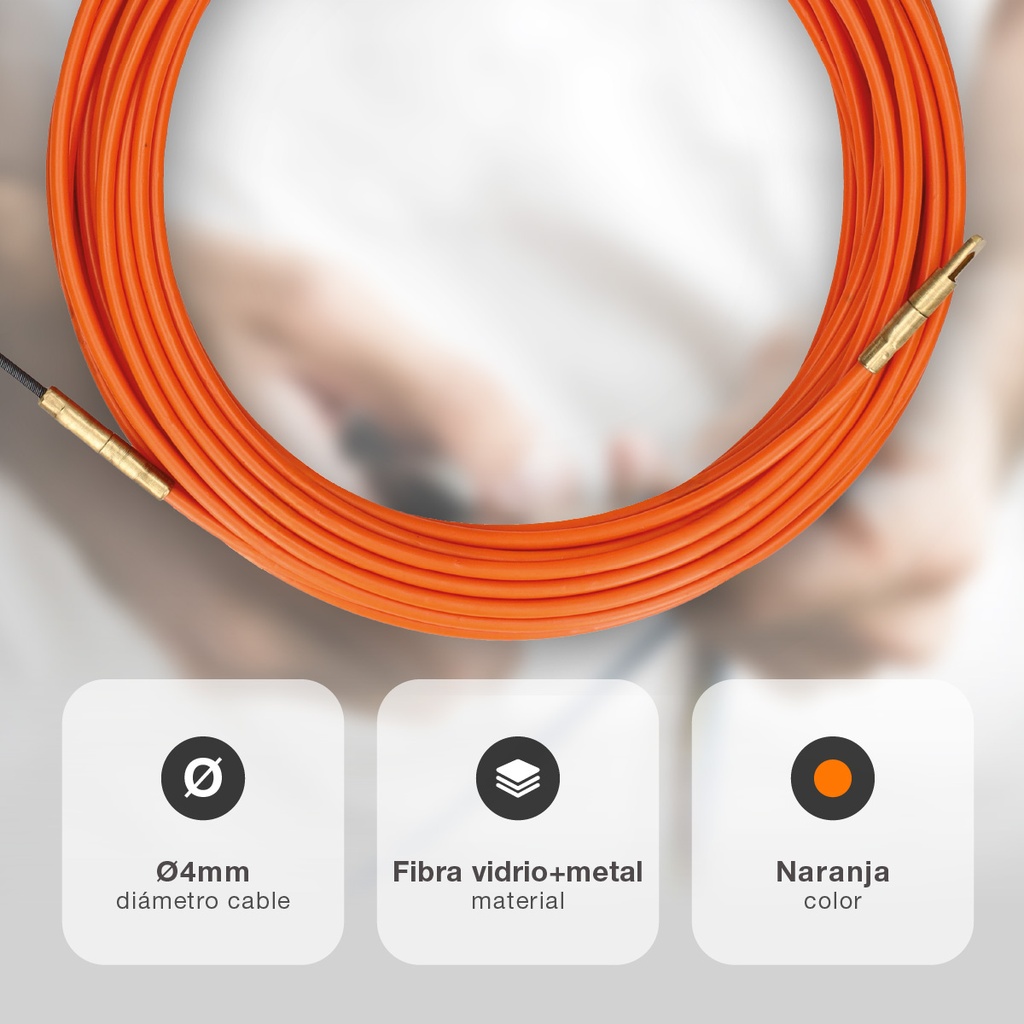 Guía pasacables fibra vidrio + metal 4mm 15M Naranja