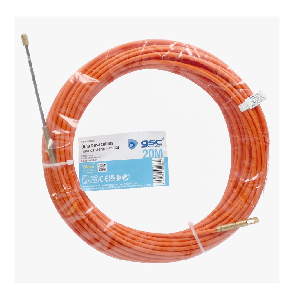 Guía pasacables fibra vidrio + metal 4mm 20M Naranja