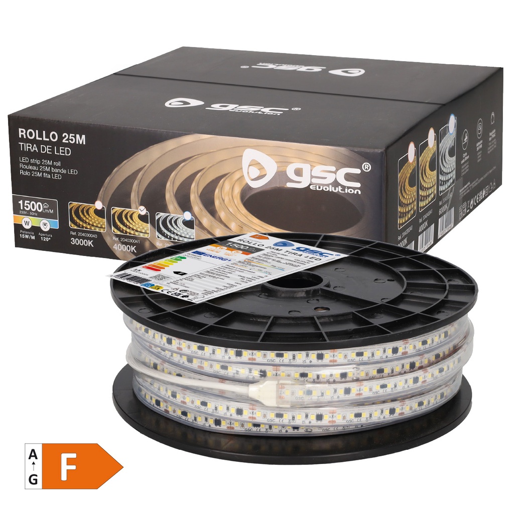 Rollo 25M tira LED 15W/M 3000K IP65 230V regulable 