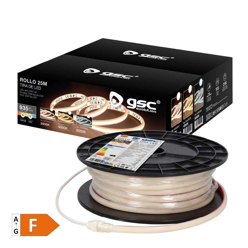 Rollo 25M tira LED COB 10W/M 3000K IP65 230V regulable 