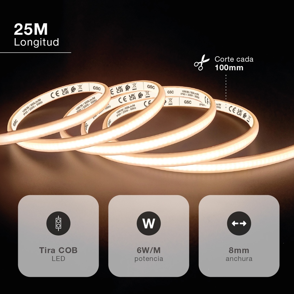 Rollo 25M tira LED COB 10W/M 3000K IP65 230V regulable 