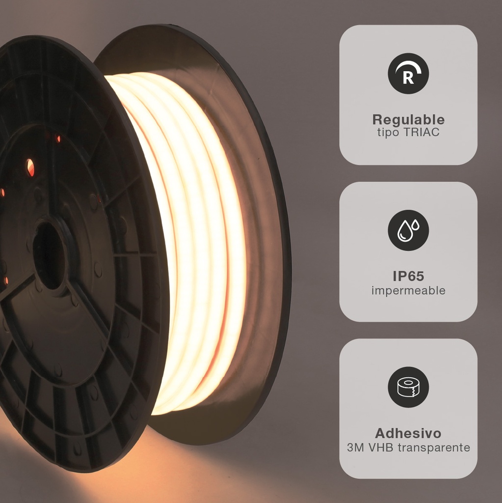 Rollo 25M tira LED COB 10W/M 3000K IP65 230V regulable 