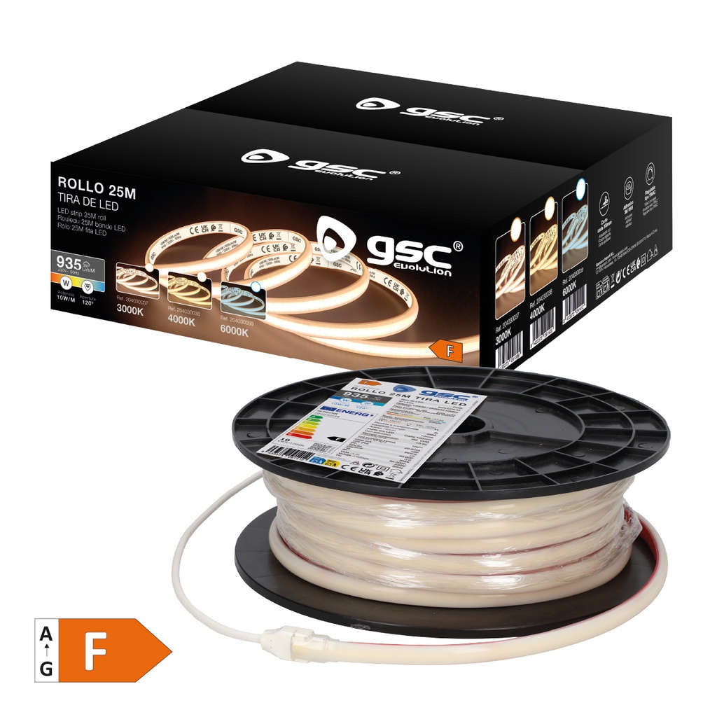 Rollo 25M tira LED COB 10W/M 6000K IP65 230V regulable 
