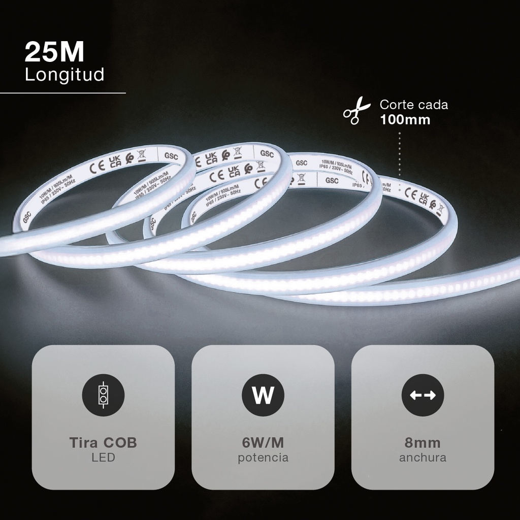 Rollo 25M tira LED COB 10W/M 6000K IP65 230V regulable 