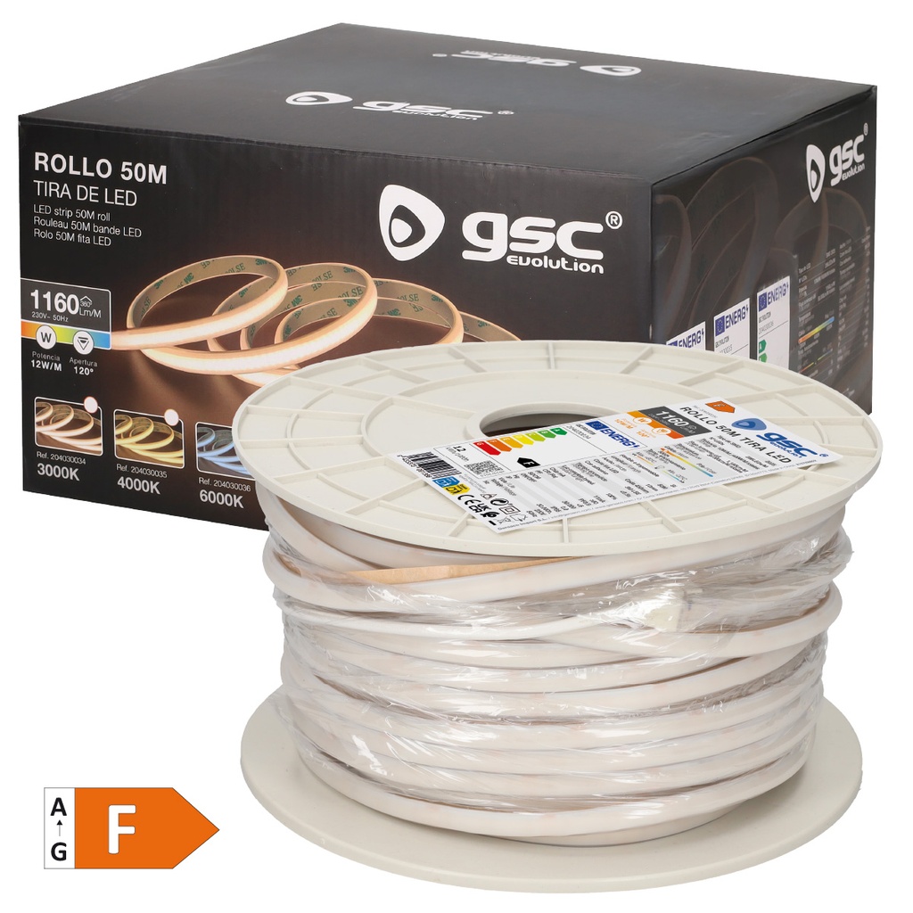 Rollo 50M tira LED 12W/M 3000K IP65 230V regulable 