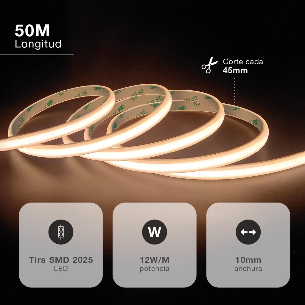 Rollo 50M tira LED 12W/M 3000K IP65 230V regulable 
