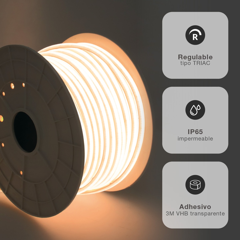 Rollo 50M tira LED 12W/M 3000K IP65 230V regulable 
