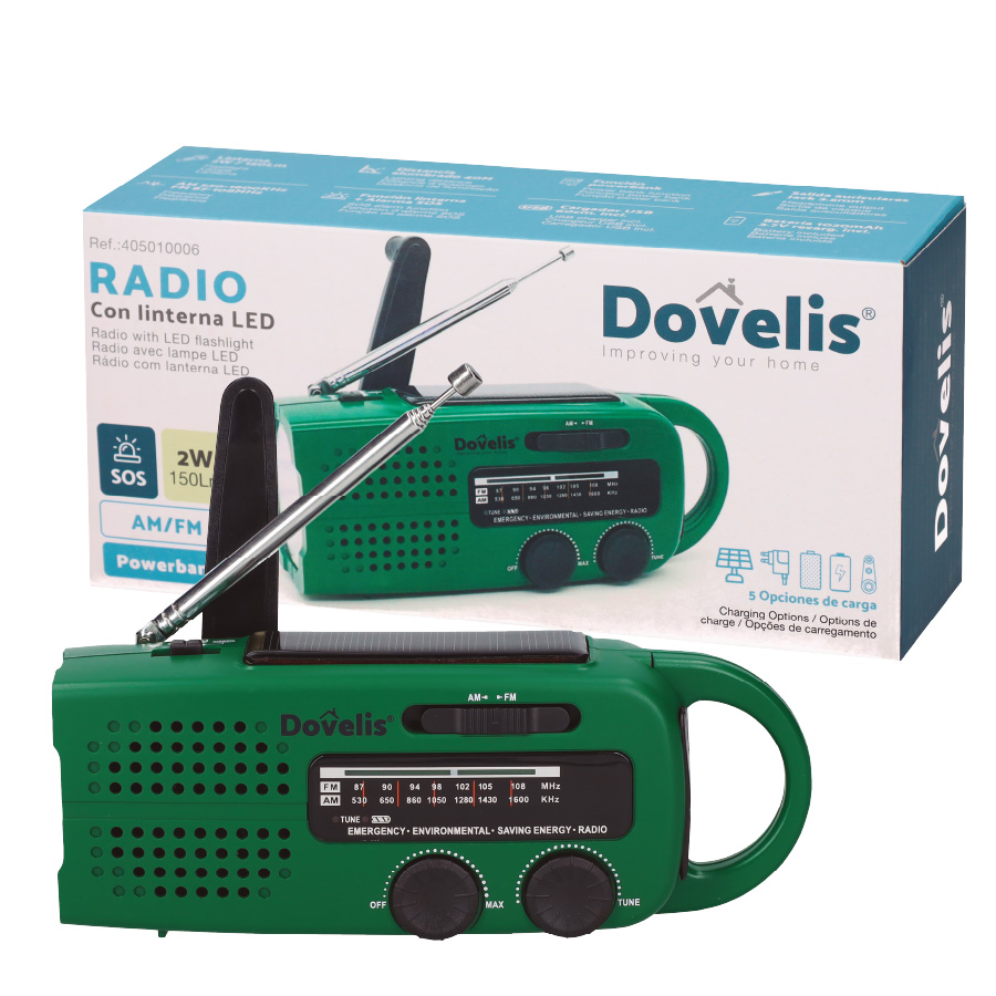Radio con linterna LED dinamo, solar y recargable USB powerbank 3xAAA 150Lm