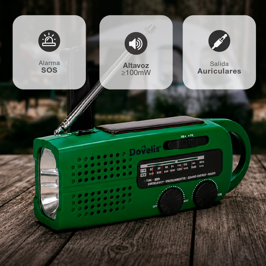 Radio con linterna LED dinamo, solar y recargable USB powerbank 3xAAA 150Lm