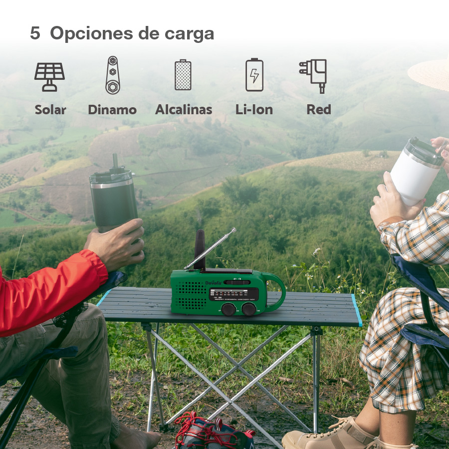 Radio con linterna LED dinamo, solar y recargable USB powerbank 3xAAA 150Lm