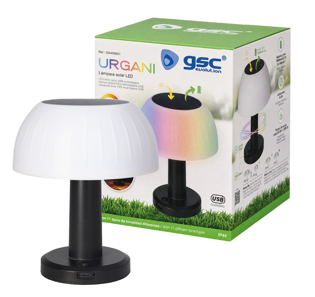 Lámpara solar LED Urgani recargable USB RGB 