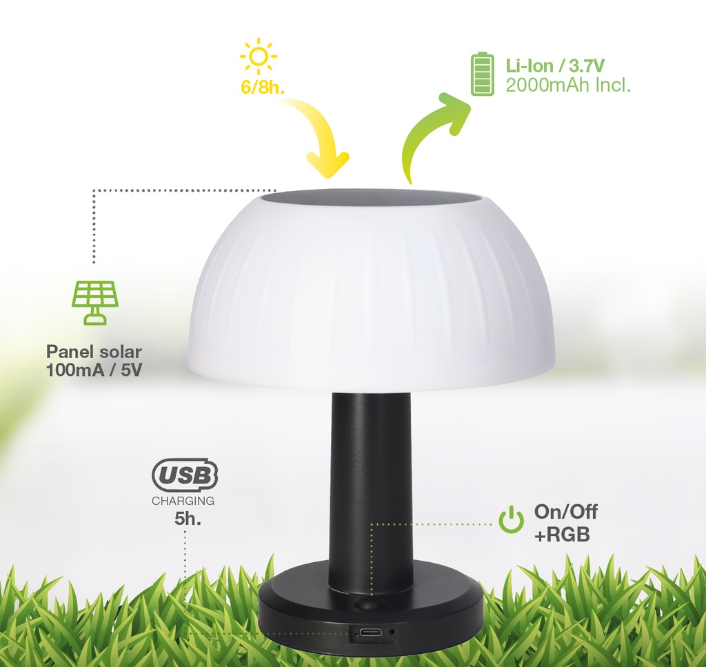 Lámpara solar LED Urgani recargable USB RGB 