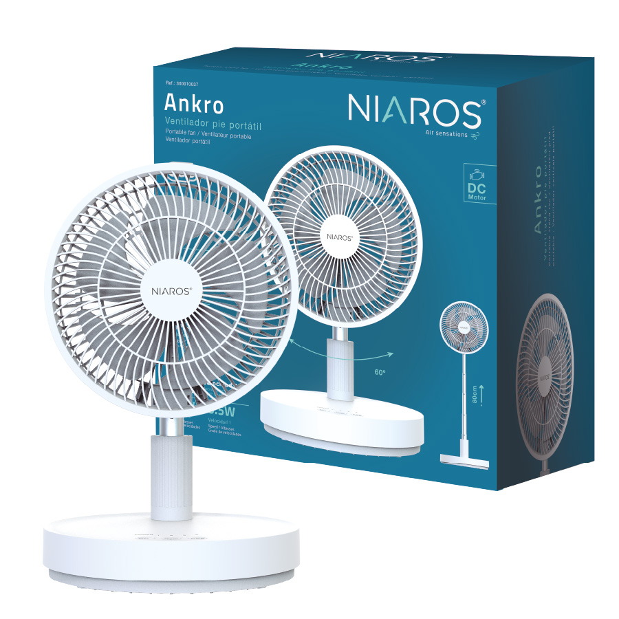 Ventilador portátil de pie Ankro plegable Ø21,5cm 7W Blanco