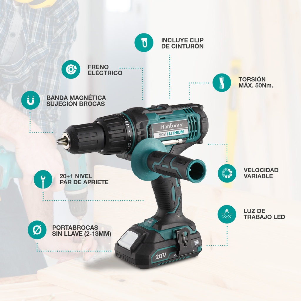 Kit taladro destornillador inalámbrico con percutor y dos baterías 20V