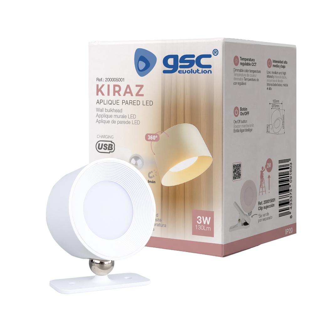 Aplique pared LED Kiraz 3000-4000-6500K recargable USB Blanco 