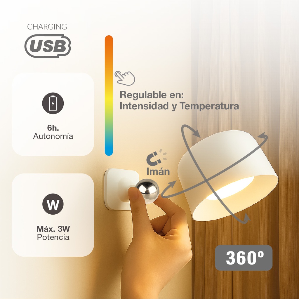Aplique pared LED Kiraz 3000-4000-6500K recargable USB Blanco 