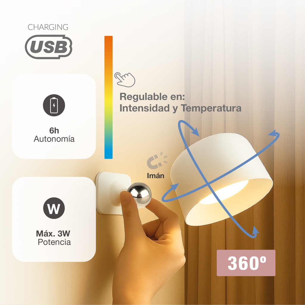 Aplique pared LED Kiraz 3000-4000-6500K recargable USB Blanco 