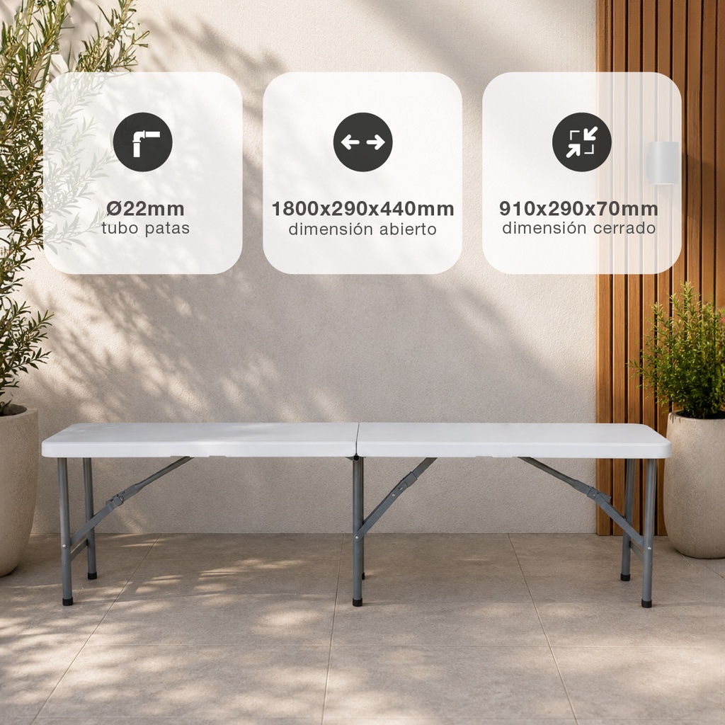 Banco plegable polietileno 1800x290x440mm