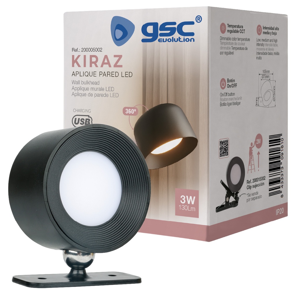 Aplique pared LED Kiraz 3000-4000-6500K recargable USB Negro