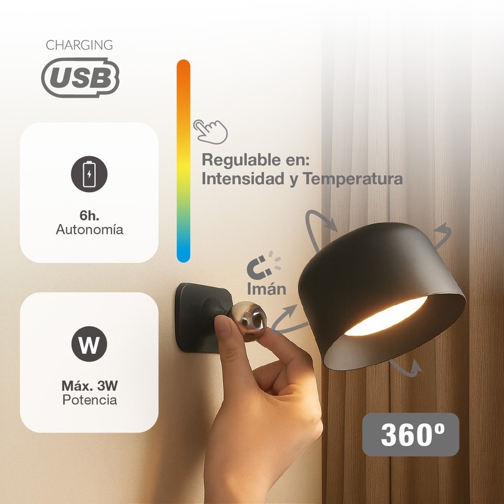 Aplique pared LED Kiraz 3000-4000-6500K recargable USB Negro