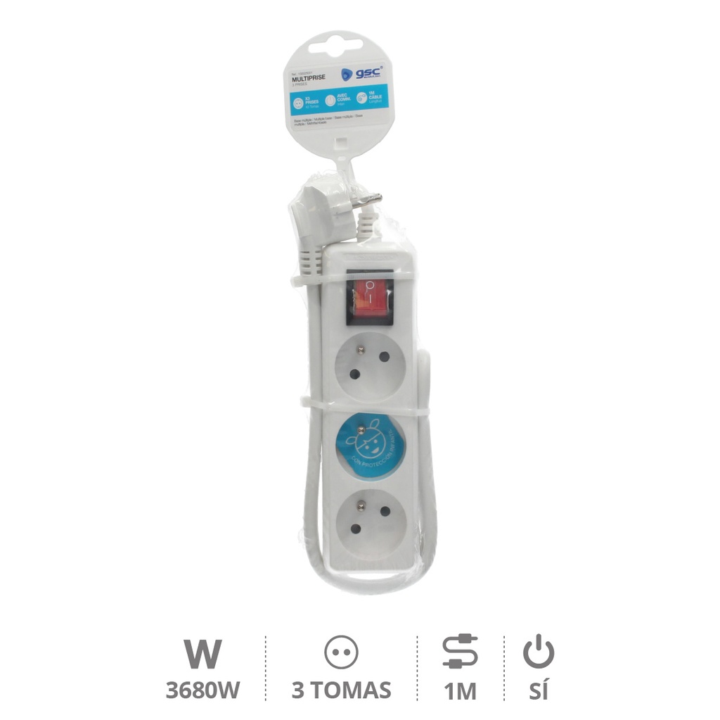 Multiprise 3P + Int (3x1.0mm) 1M Blanche