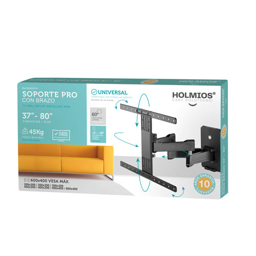 RoesselCodina Product: PULLDOWN fullmotion - Soporte TV de pared con brazo  articulado y elevable. Separación de la pared: 51 cms. Para TV entre 40 y  65. Color negro.