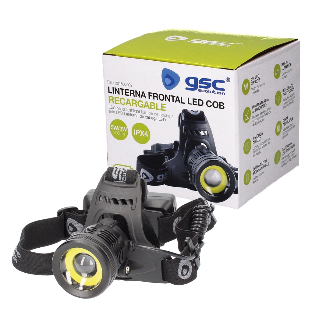 Linterna de cabeza LED COB recargable USB 800lm