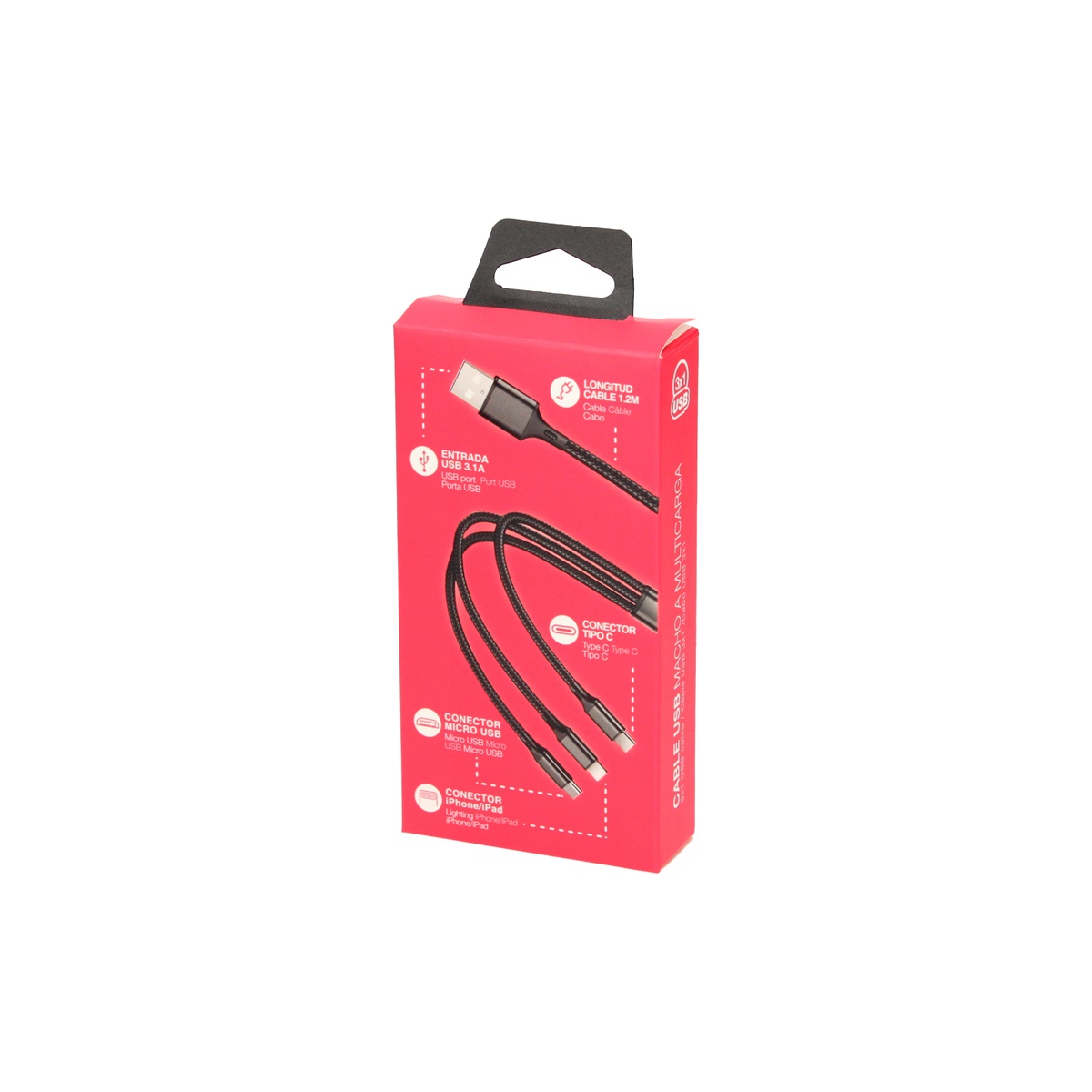 Cable USB macho a multicarga (micro USB macho, tipo C, iPhone)