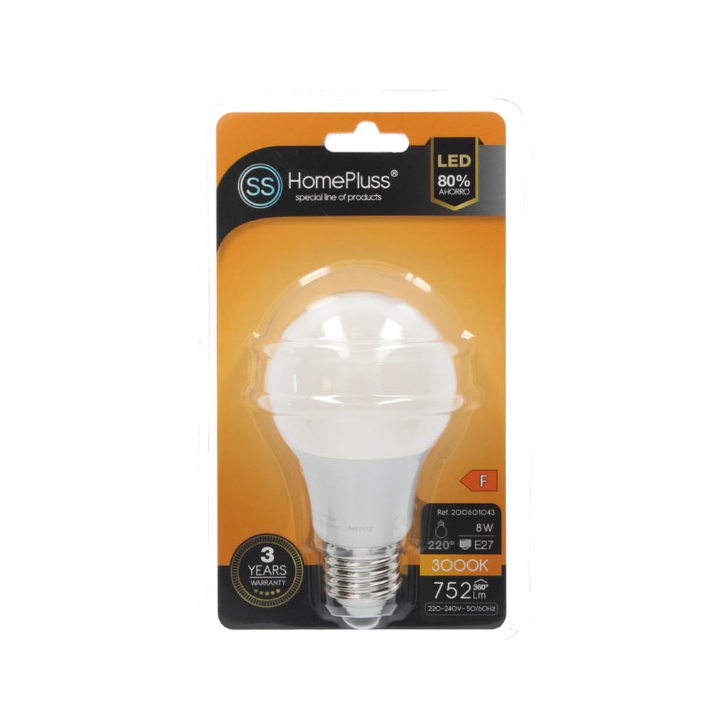 Lampara estandar 8W E27 3000K - 8u caja exp